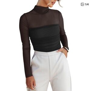 NWT REORIA Army Green Mesh Mock Neck Long Sleeve Ruched Bodysuit Top -Small